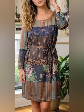 Maliparmi Silk Long Sleeve Patchwork Floral Dress in Brown and Teal (Size 8/10)